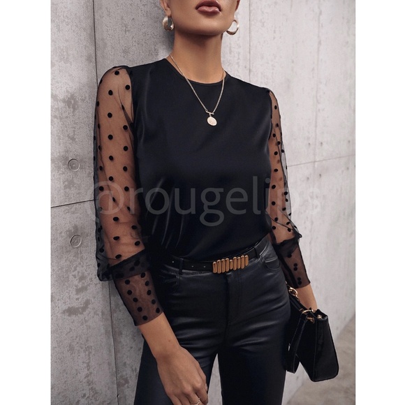 Black Sheer Mesh Detail Polka Dot Shirt Long Sleeve Top - Picture 4 of 7